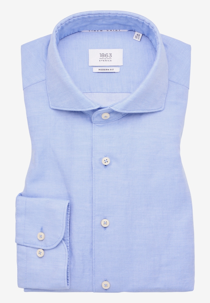 MODERN FIT Linen Shirt in azurblau unifarben