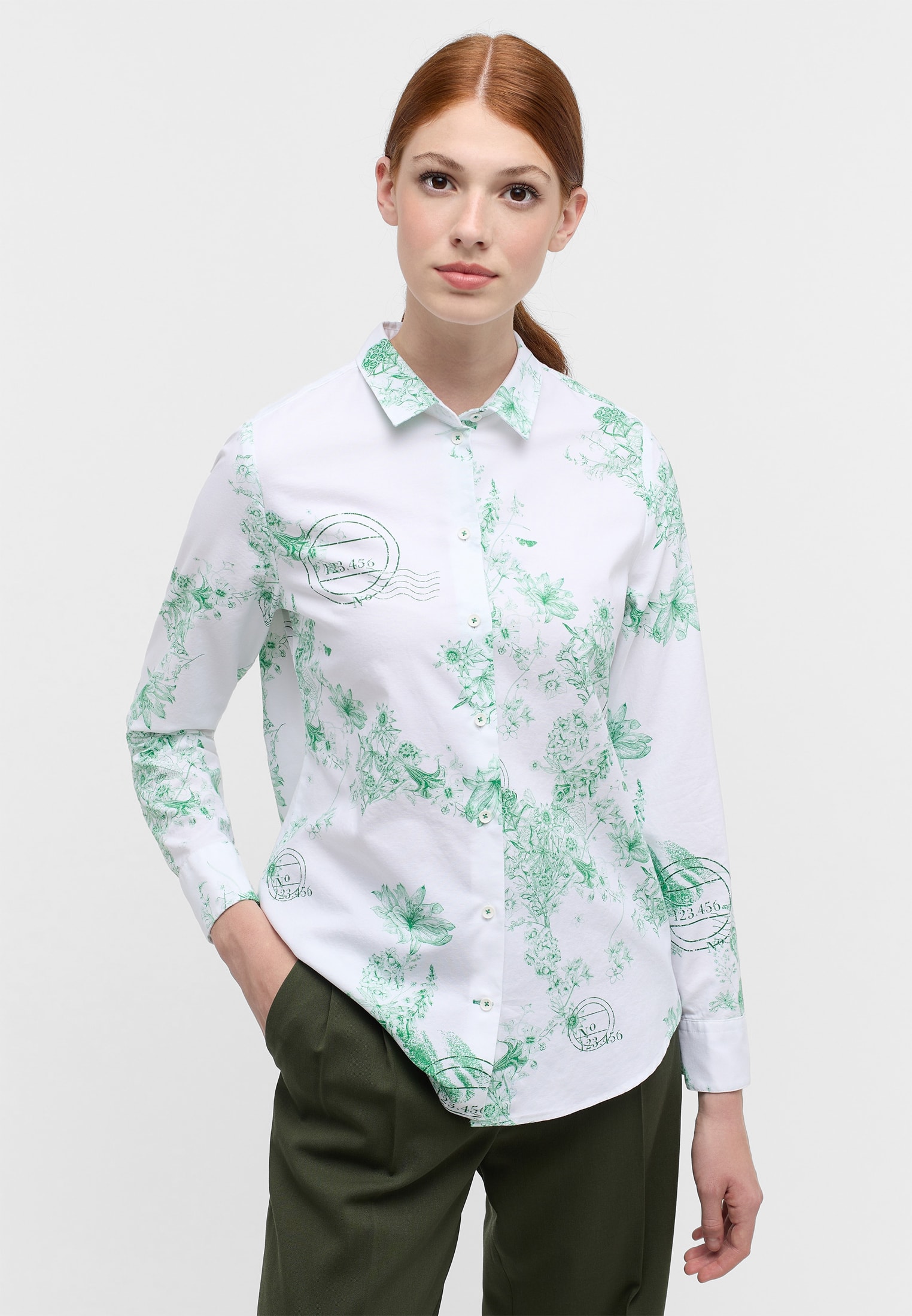 Oxford Shirt Bluse in Langarm | 44 | | bedruckt grün 2BL04169-04-01-44-1/1 | grün