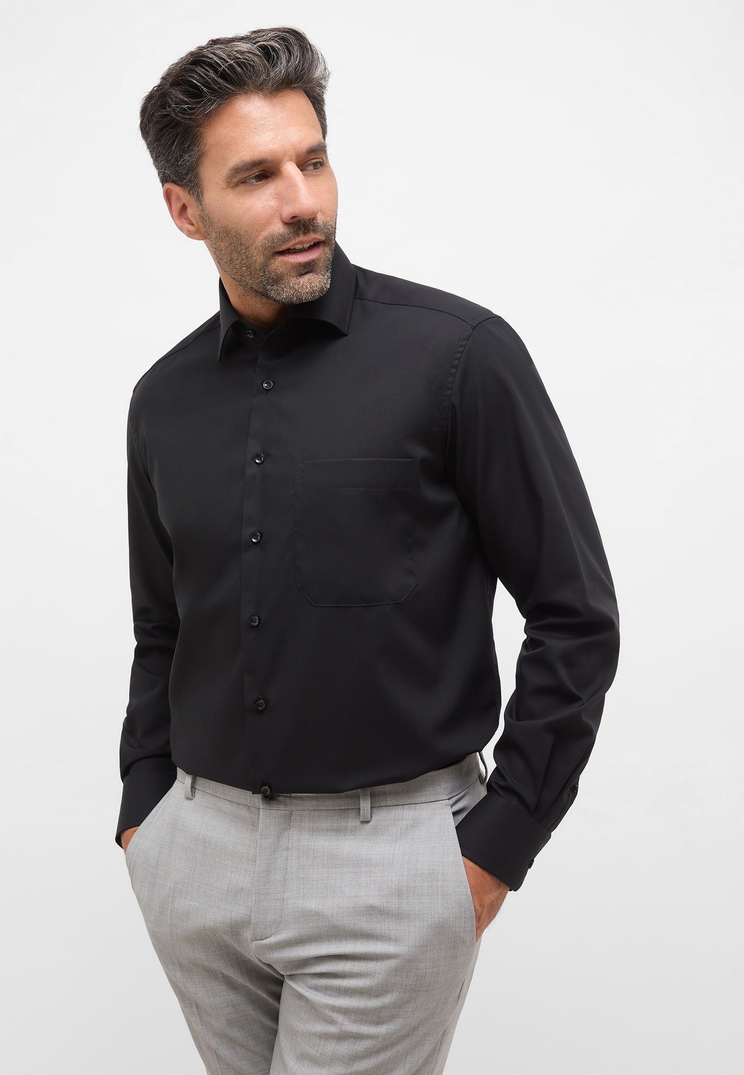 COMFORT FIT Original Shirt in schwarz unifarben | schwarz | 45 | Langarm |  1SH11781-03-91-45-1/1